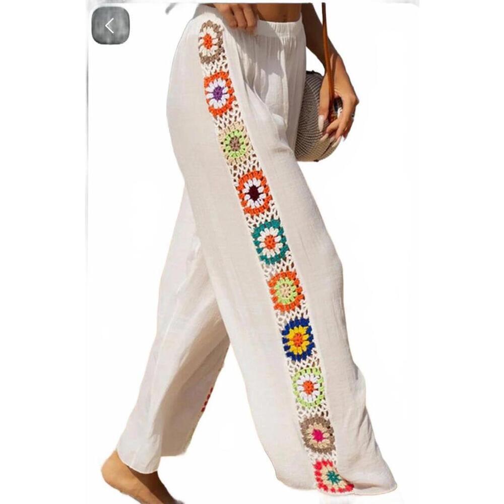 White Crochet Cover-Up Pants with Colorful Granny Square Side Detail Size XL
